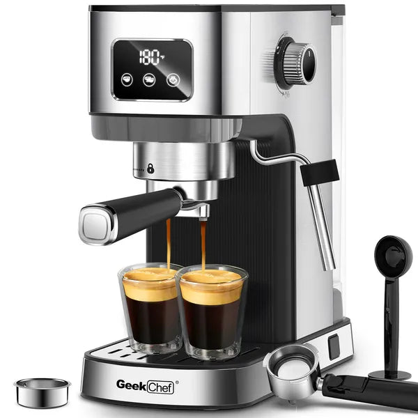 Geek Chef Espresso Machine, Cappuccino & Latte Machine With ESE POD Filter & Milk Frother Steam Wand, Accurate Temperature & Time Control, Compact Coffee Machine For Home,Stainless Steel