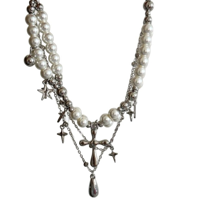 Womens Double-Layer Pearl Cross Necklace For Layering