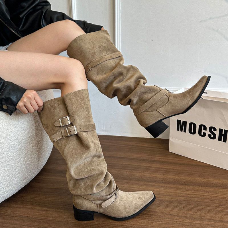 Autumn Khaki Suede Pointed-Toe Boots With Chunky Heels For Women