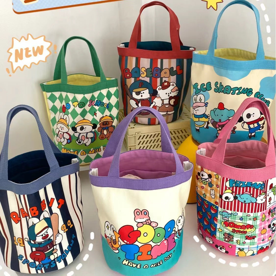 Cute Graffiti Ins Printing Cylinder Canvas Bucket Bag