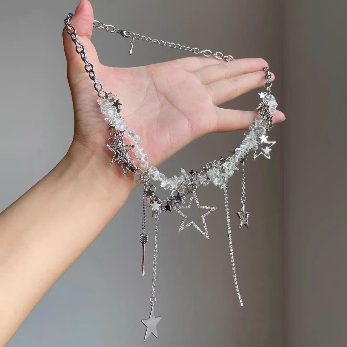 Sweet Edgy Transparent Pebble-stone Star Tassel Necklace