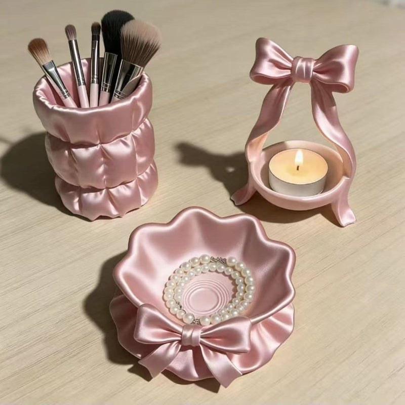 Light-luxury Cosmetic Organizer Set With Bow Accents