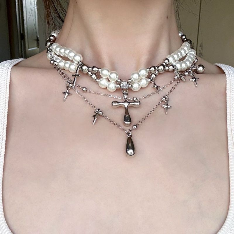 Womens Double-Layer Pearl Cross Necklace For Layering