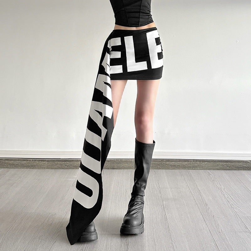 Womens Black And White Letter-Print Asymmetrical Mini Skirt