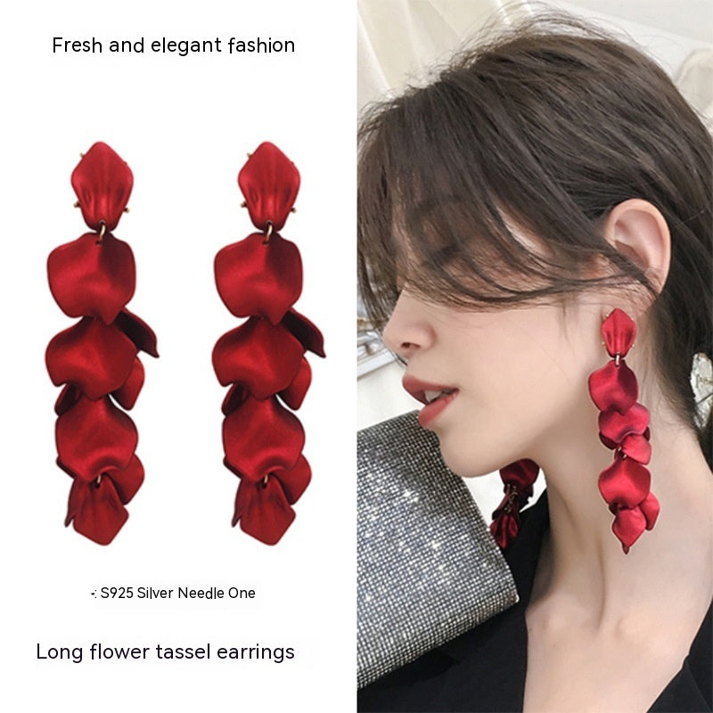 Sterling Silver Needle Long Rose Petal Fringed Earrings