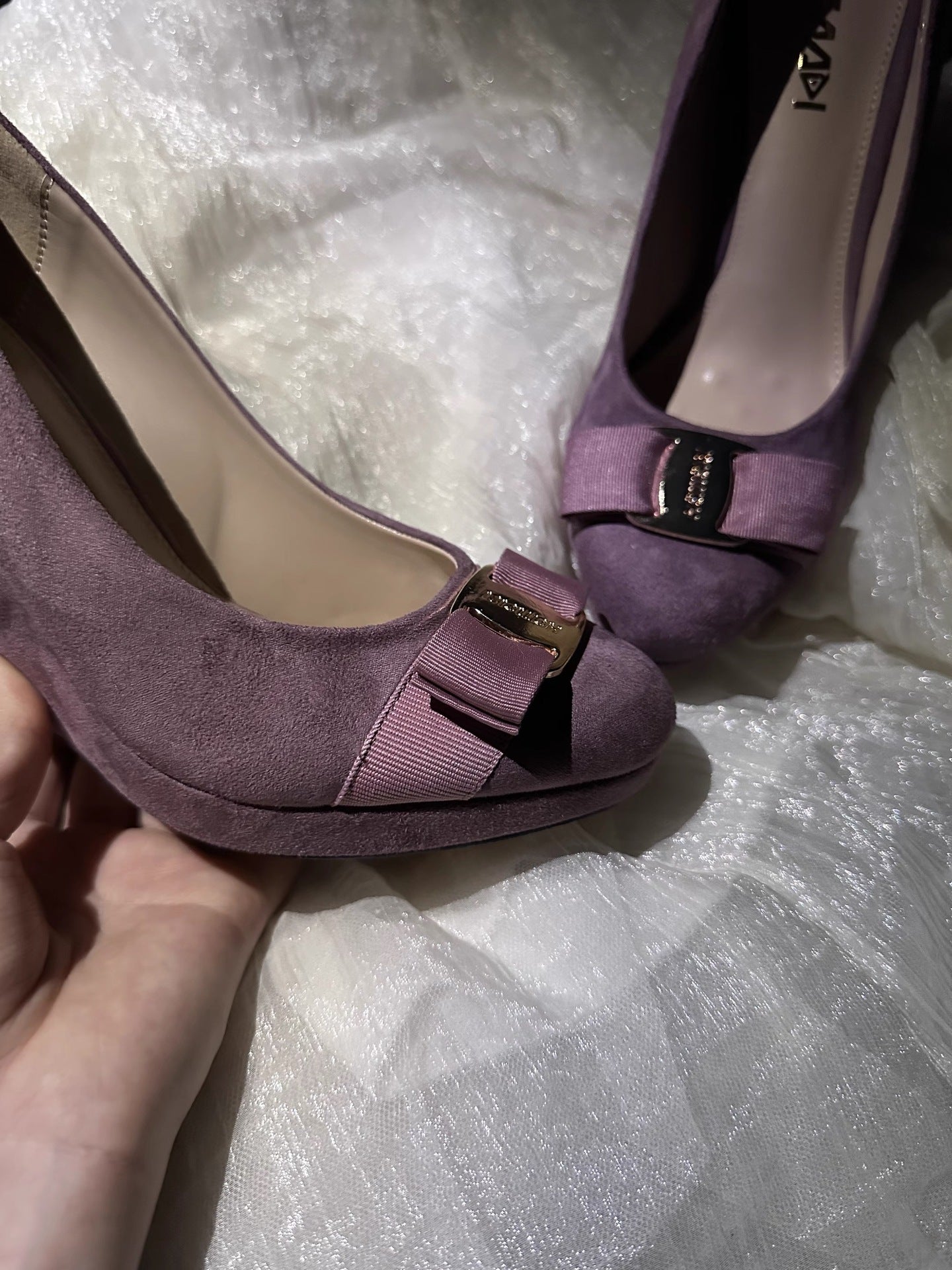 French-style Vintage Purple Suede Wedge Heels With Metal Buckles