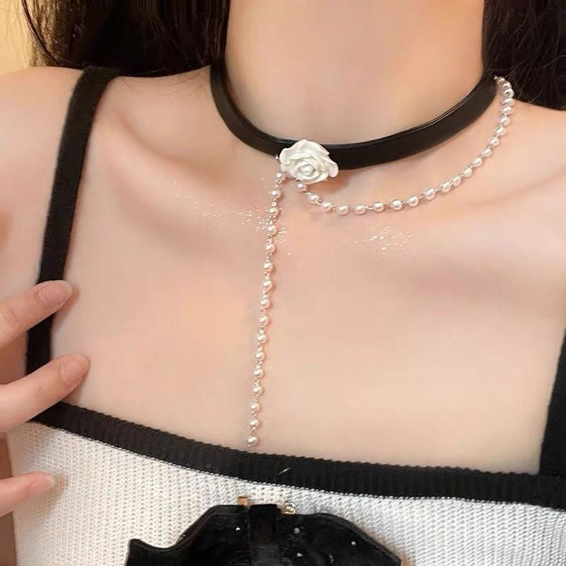 Rose Pearl Choker Black Collar Clavicle Necklace