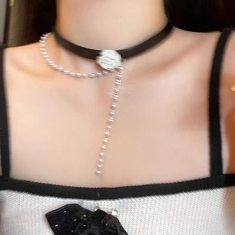Rose Pearl Choker Black Collar Clavicle Necklace
