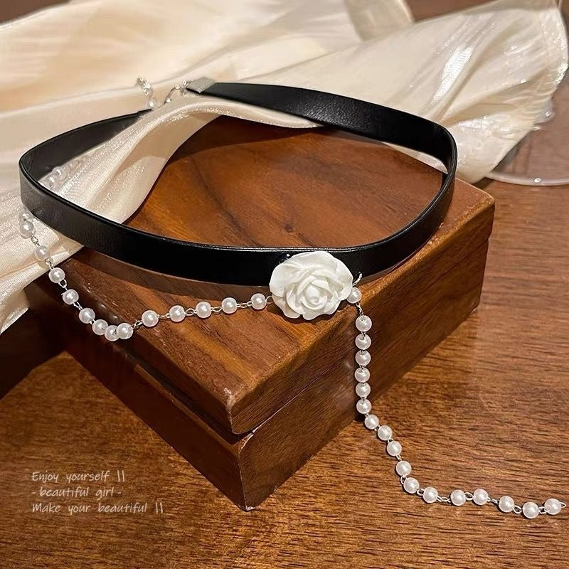 Rose Pearl Choker Black Collar Clavicle Necklace
