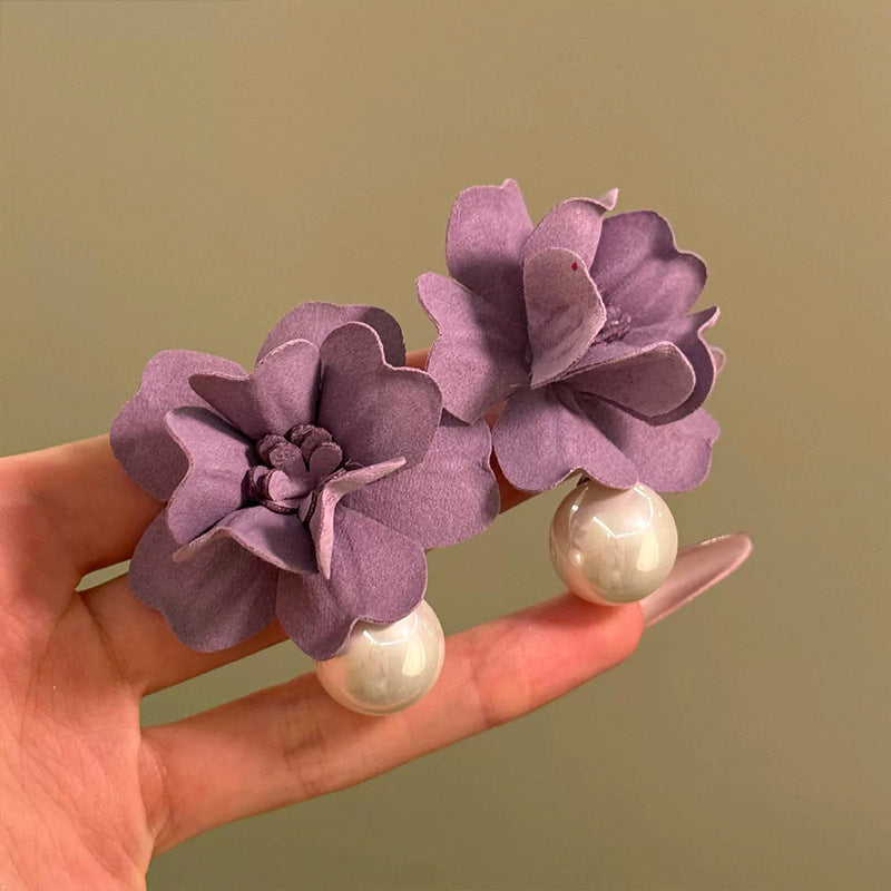 Dreamy Ethereal Sweet Purple Flower Pendant With Pearl Stud Earrings