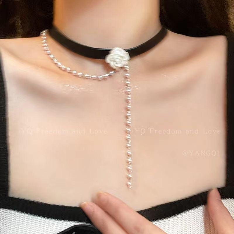 Rose Pearl Choker Black Collar Clavicle Necklace