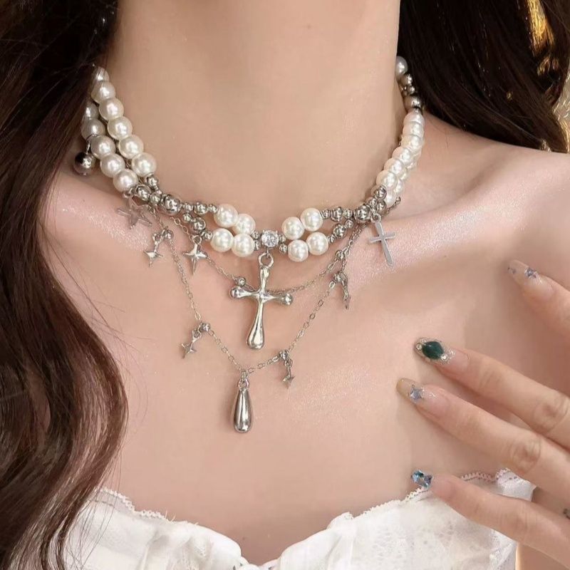 Womens Double-Layer Pearl Cross Necklace For Layering