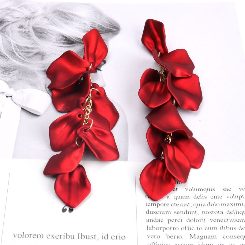 Sterling Silver Needle Long Rose Petal Fringed Earrings