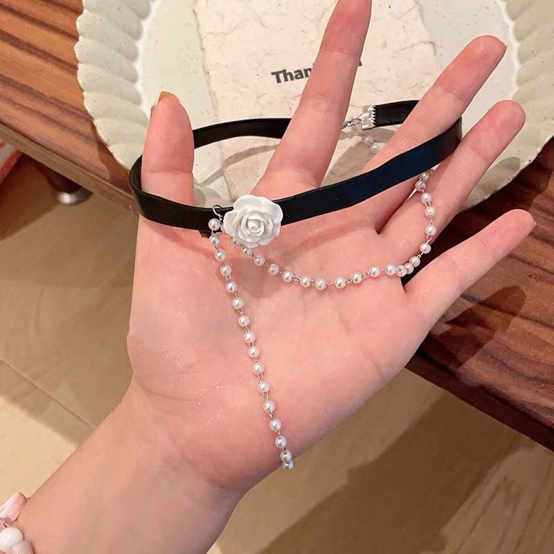 Rose Pearl Choker Black Collar Clavicle Necklace