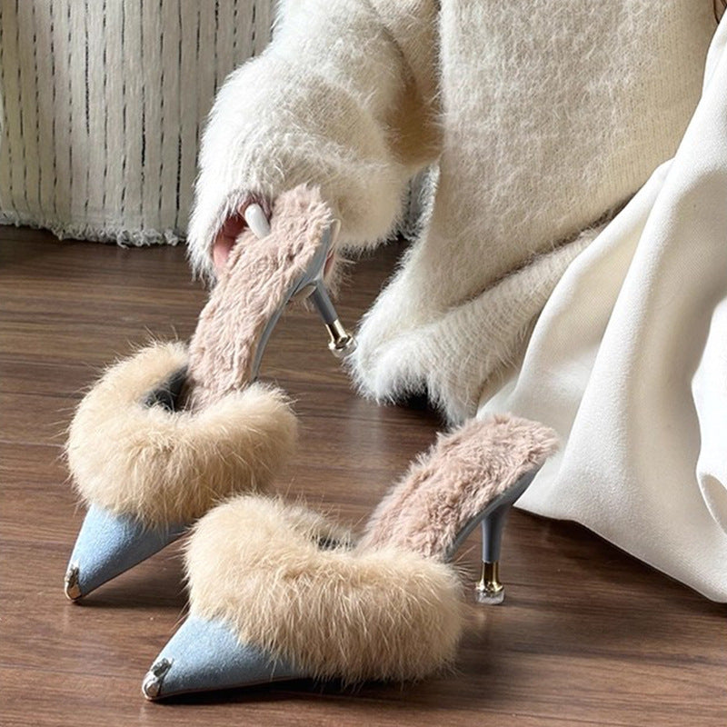 Elegant Fallwinter Furry High-heeled Slide Sandals For Women Perfect For Outdoor Wear