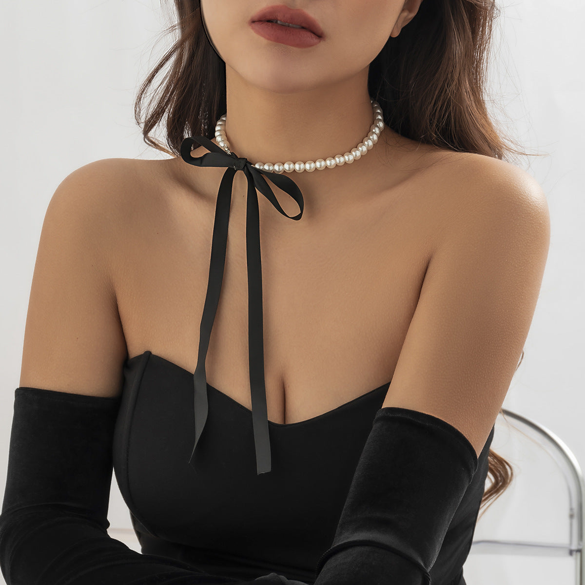 Vintage Flannel Pearl Bow Necklace