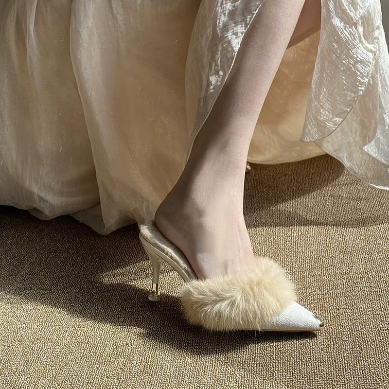 Elegant Fallwinter Furry High-heeled Slide Sandals For Women Perfect For Outdoor Wear