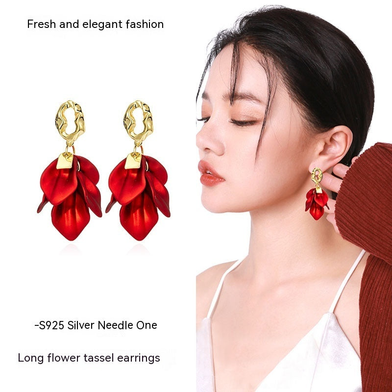 Sterling Silver Needle Long Rose Petal Fringed Earrings