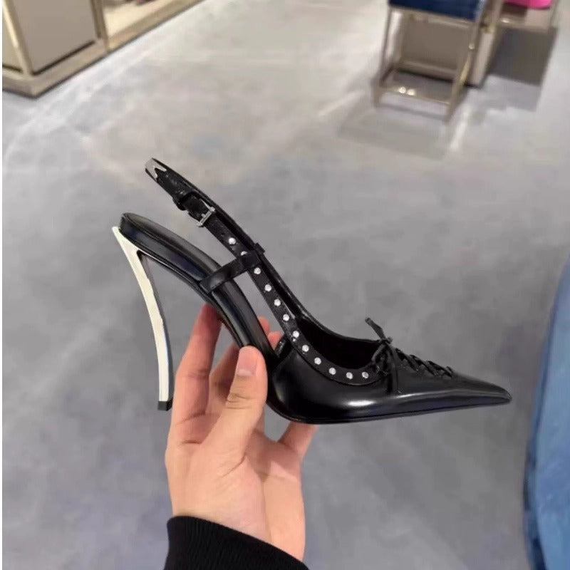 Pointed-toe Rivet-backed Stiletto Heels With A Thin Heel And Lace-up Design
