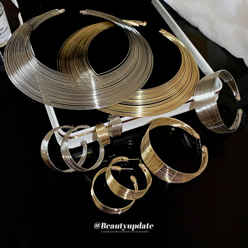 Metal Geometric Multi-Layer Necklace Set