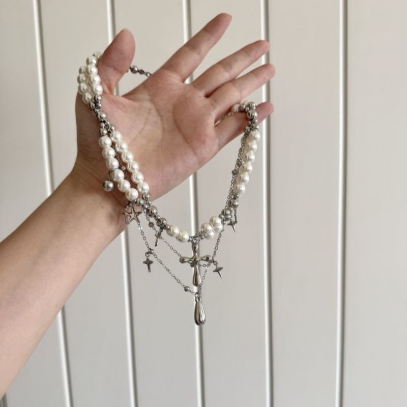 Womens Double-Layer Pearl Cross Necklace For Layering