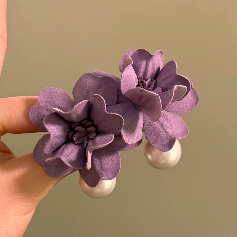Dreamy Ethereal Sweet Purple Flower Pendant With Pearl Stud Earrings