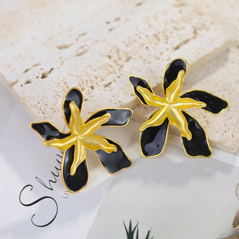 Mid-century Oil-drip Double-layer Flower Stud Earrings Bold And Eye-catching