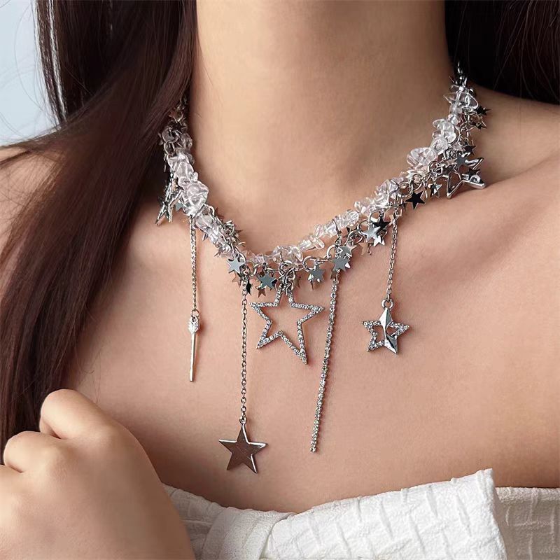 Sweet Edgy Transparent Pebble-stone Star Tassel Necklace