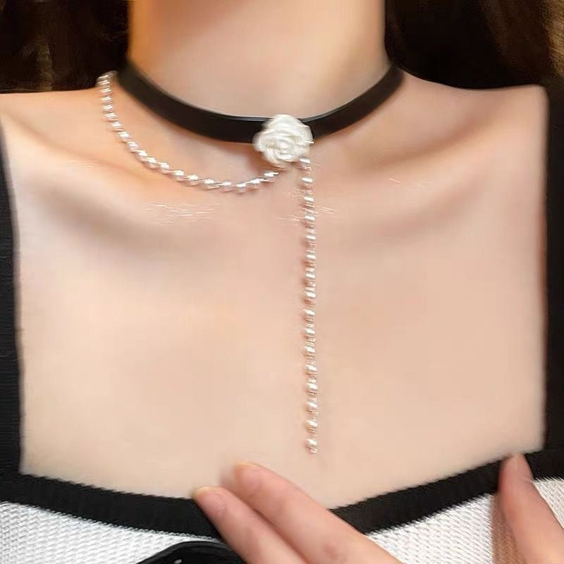 Rose Pearl Choker Black Collar Clavicle Necklace