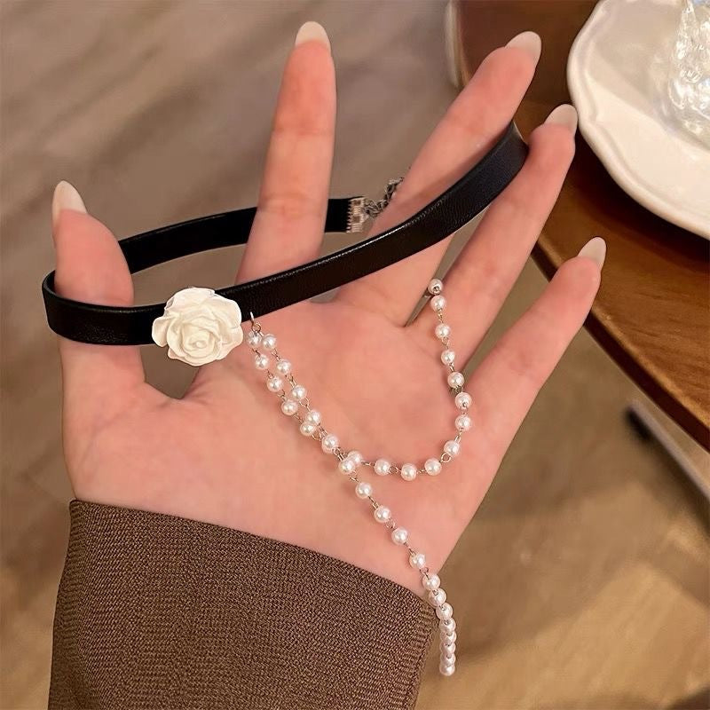 Rose Pearl Choker Black Collar Clavicle Necklace