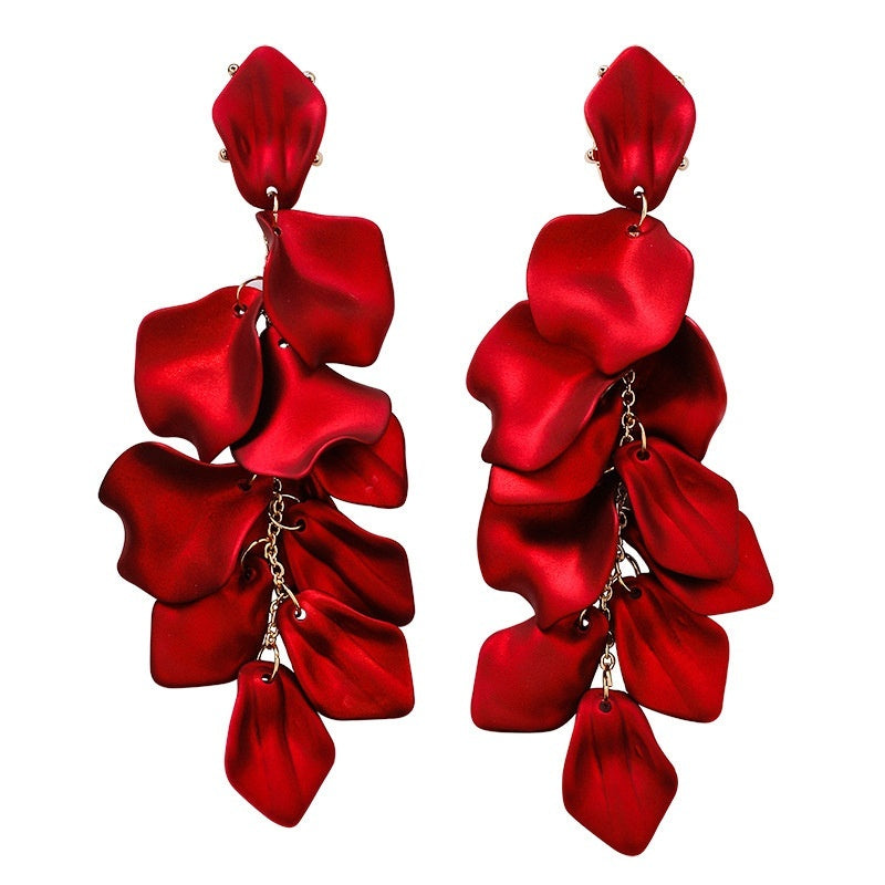 Sterling Silver Needle Long Rose Petal Fringed Earrings