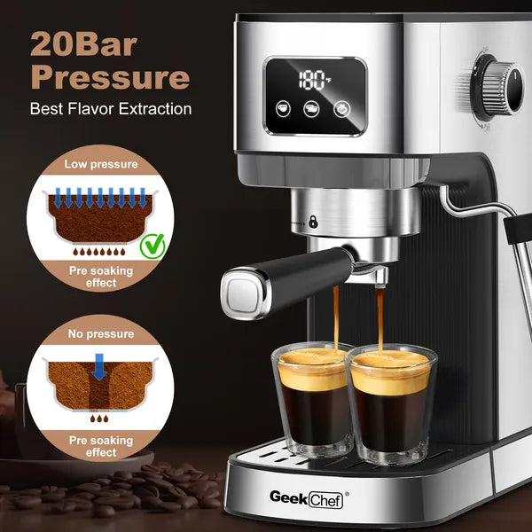 Geek Chef Espresso Machine, Cappuccino & Latte Machine With ESE POD Filter & Milk Frother Steam Wand, Accurate Temperature & Time Control, Compact Coffee Machine For Home,Stainless Steel