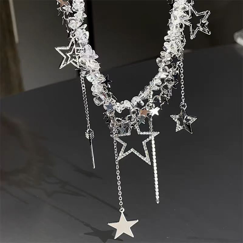 Sweet Edgy Transparent Pebble-stone Star Tassel Necklace