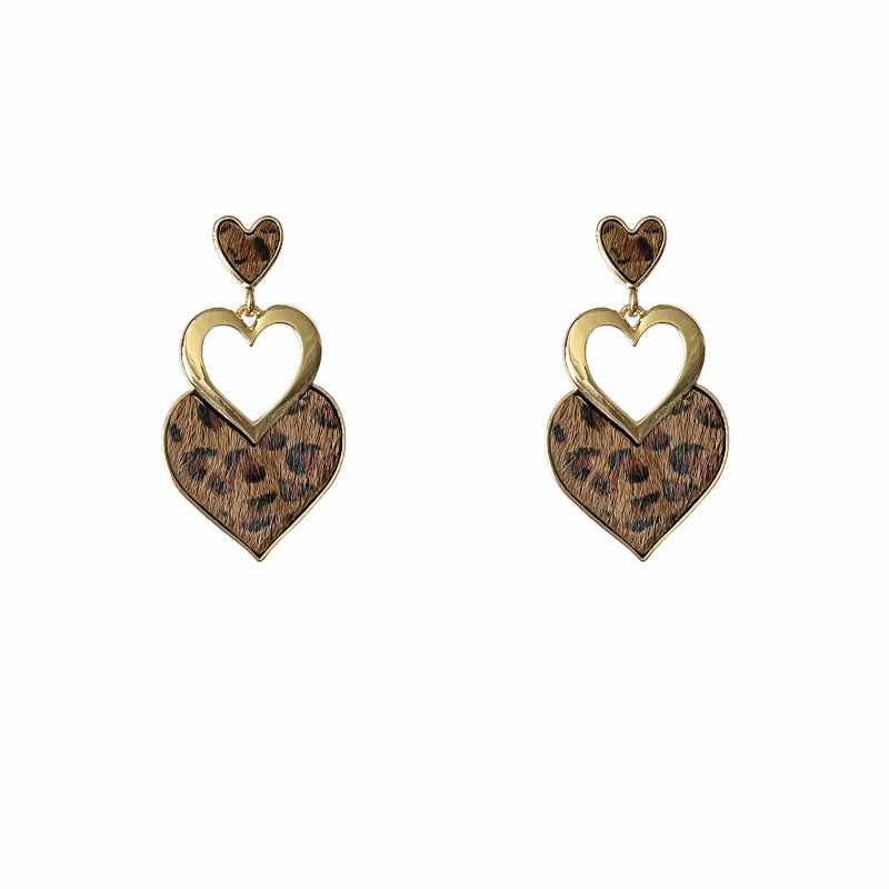 Silver Needle Heart-Shaped Leopard-Print Pendant Earrings