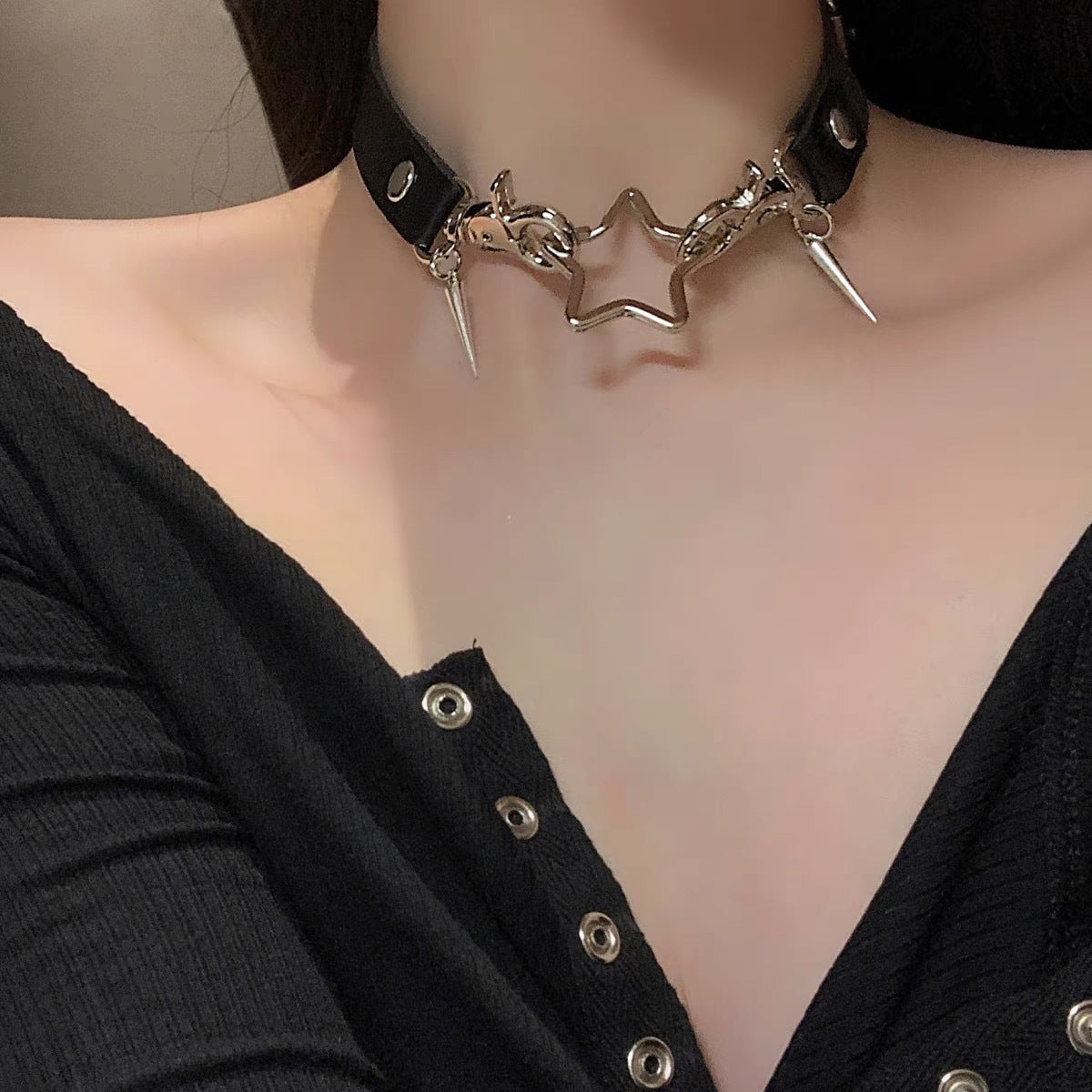 Black Leather Pentagram Necklace Choker