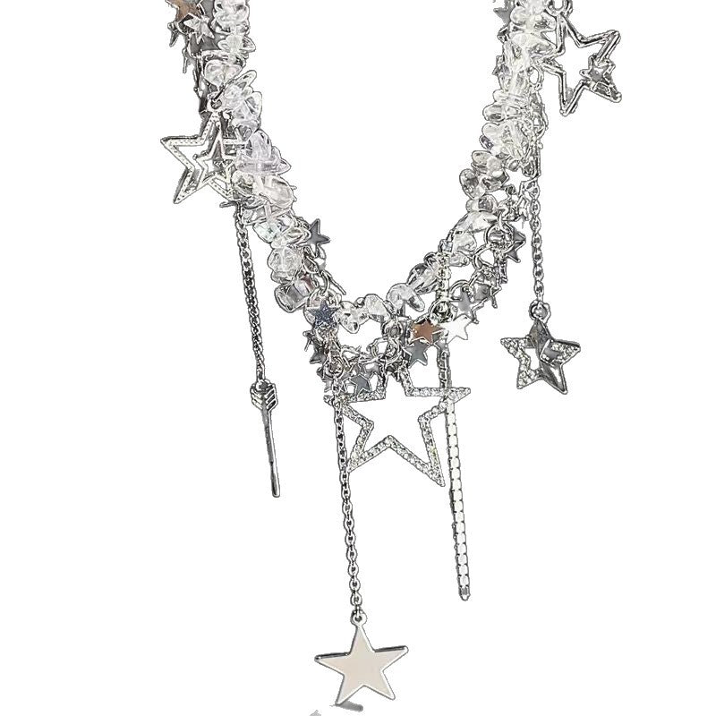 Sweet Edgy Transparent Pebble-stone Star Tassel Necklace