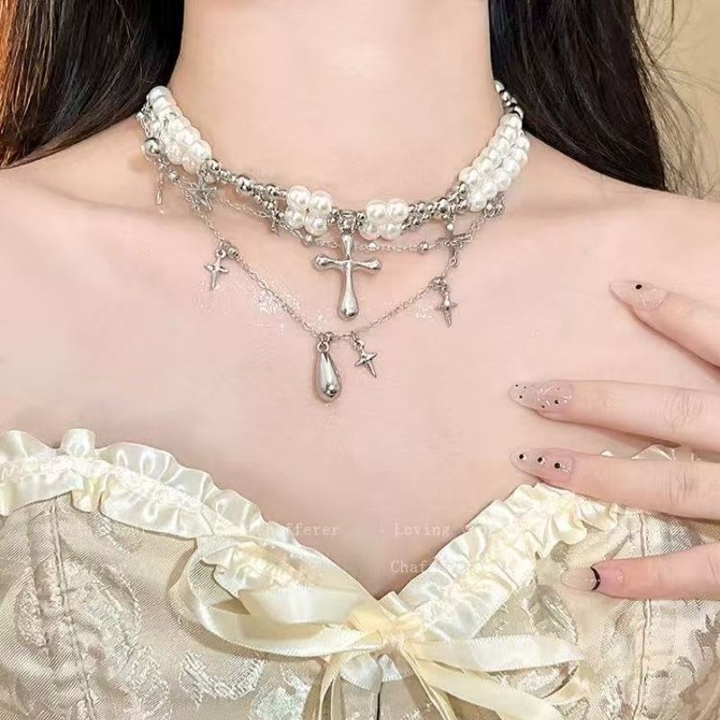 Womens Double-Layer Pearl Cross Necklace For Layering