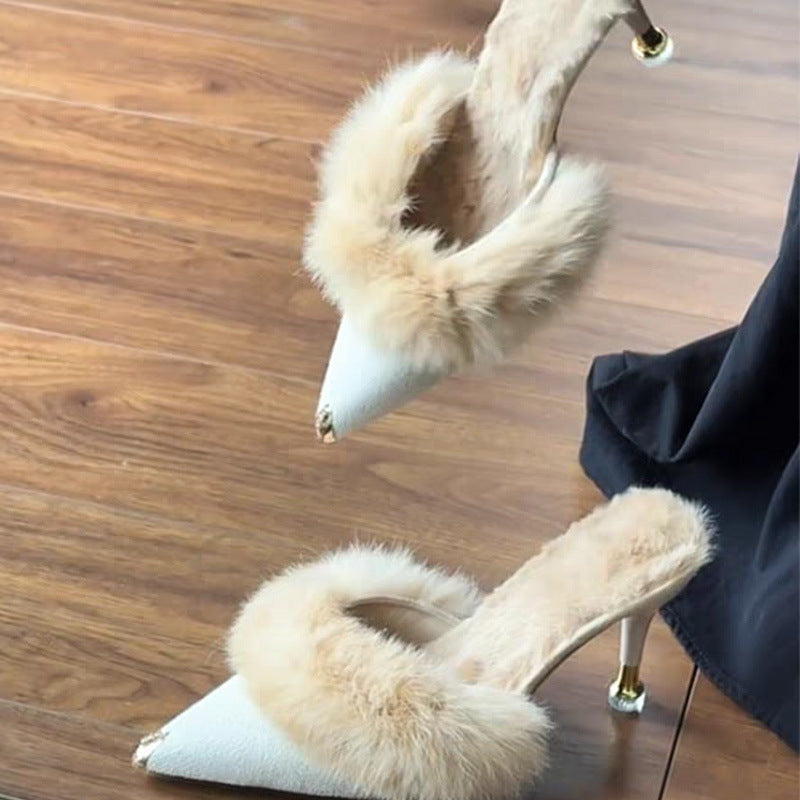 Elegant Fallwinter Furry High-heeled Slide Sandals For Women Perfect For Outdoor Wear