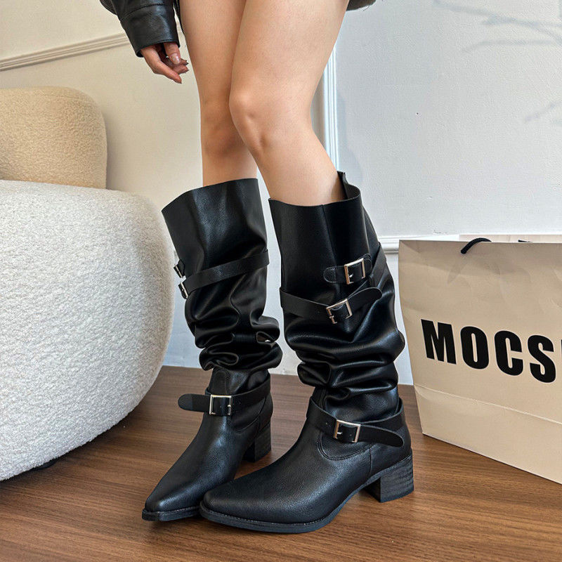 Autumn Khaki Suede Pointed-Toe Boots With Chunky Heels For Women