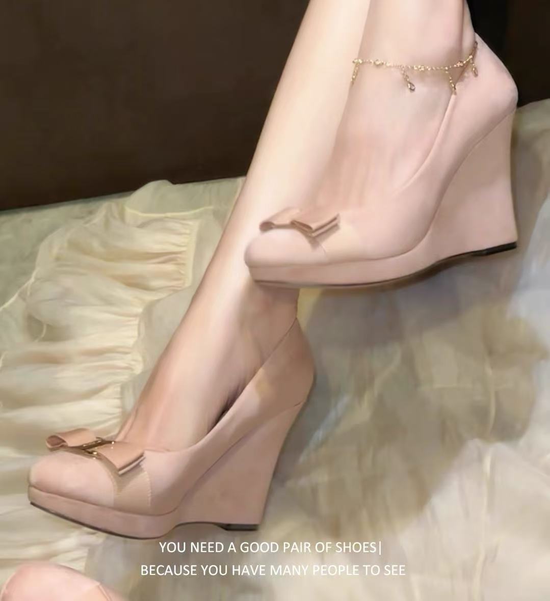 French-style Vintage Purple Suede Wedge Heels With Metal Buckles