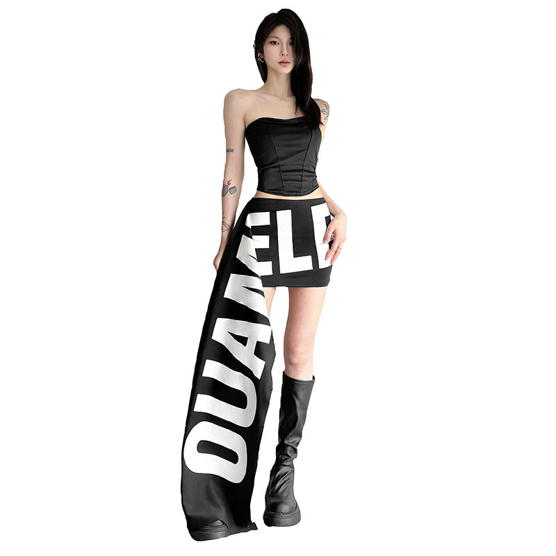 Womens Black And White Letter-Print Asymmetrical Mini Skirt