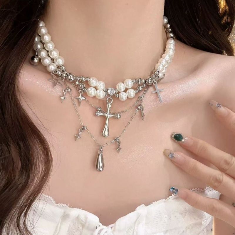 Womens Double-Layer Pearl Cross Necklace For Layering