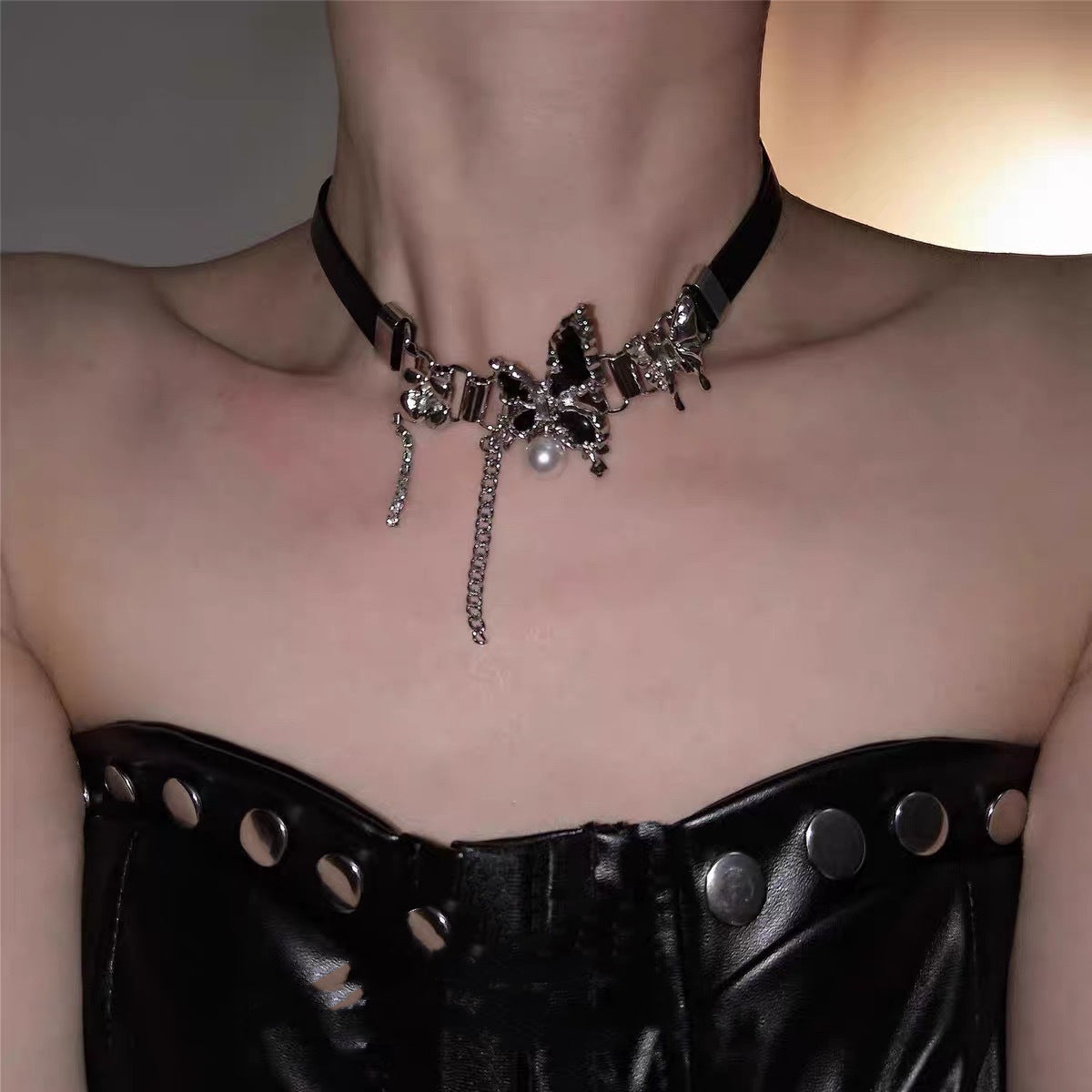 Dark Edgy Butterfly Pearl Necklace With A Sweet Yet Cool Vibe