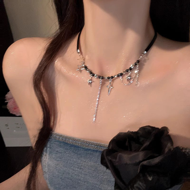 Womens Black Four-Point Star Beaded Necklace