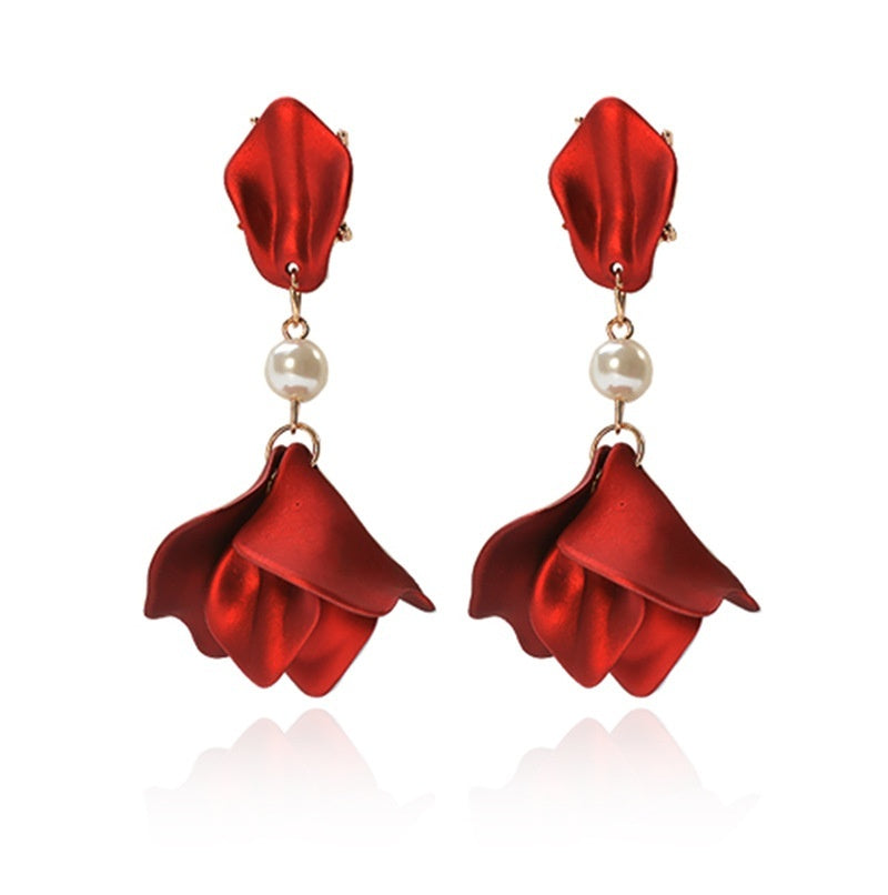 Sterling Silver Needle Long Rose Petal Fringed Earrings