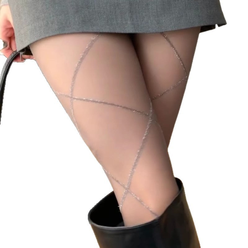 Women's Stocking With Silver-thread Crisscross Diamond Pattern