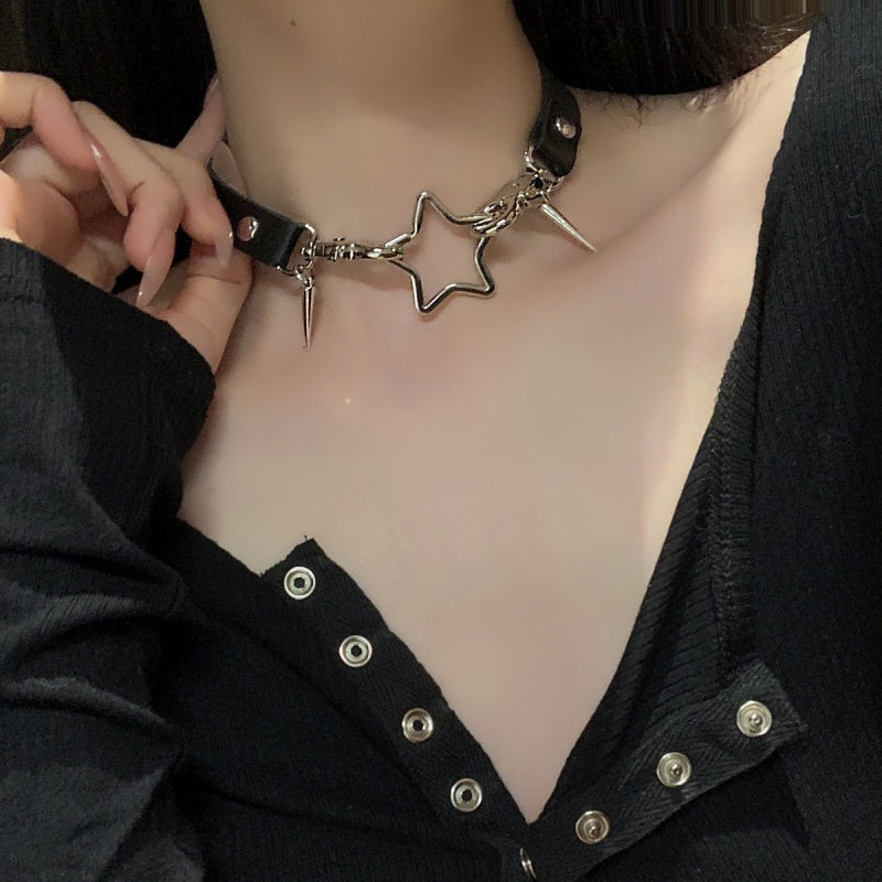 Black Leather Pentagram Necklace Choker