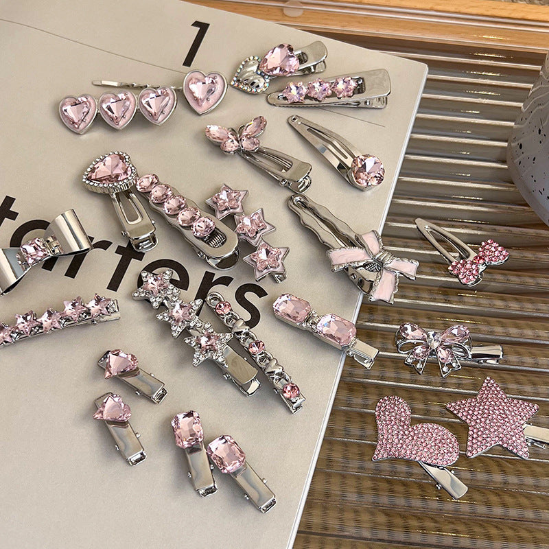 Heart Shape Rhinestone Side Bang Clip Sweet Cool Girl Metal Barrettes