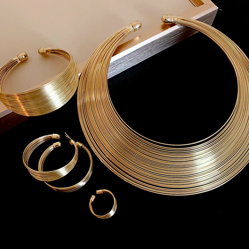 Metal Geometric Multi-Layer Necklace Set