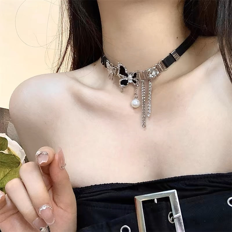 Dark Edgy Butterfly Pearl Necklace With A Sweet Yet Cool Vibe